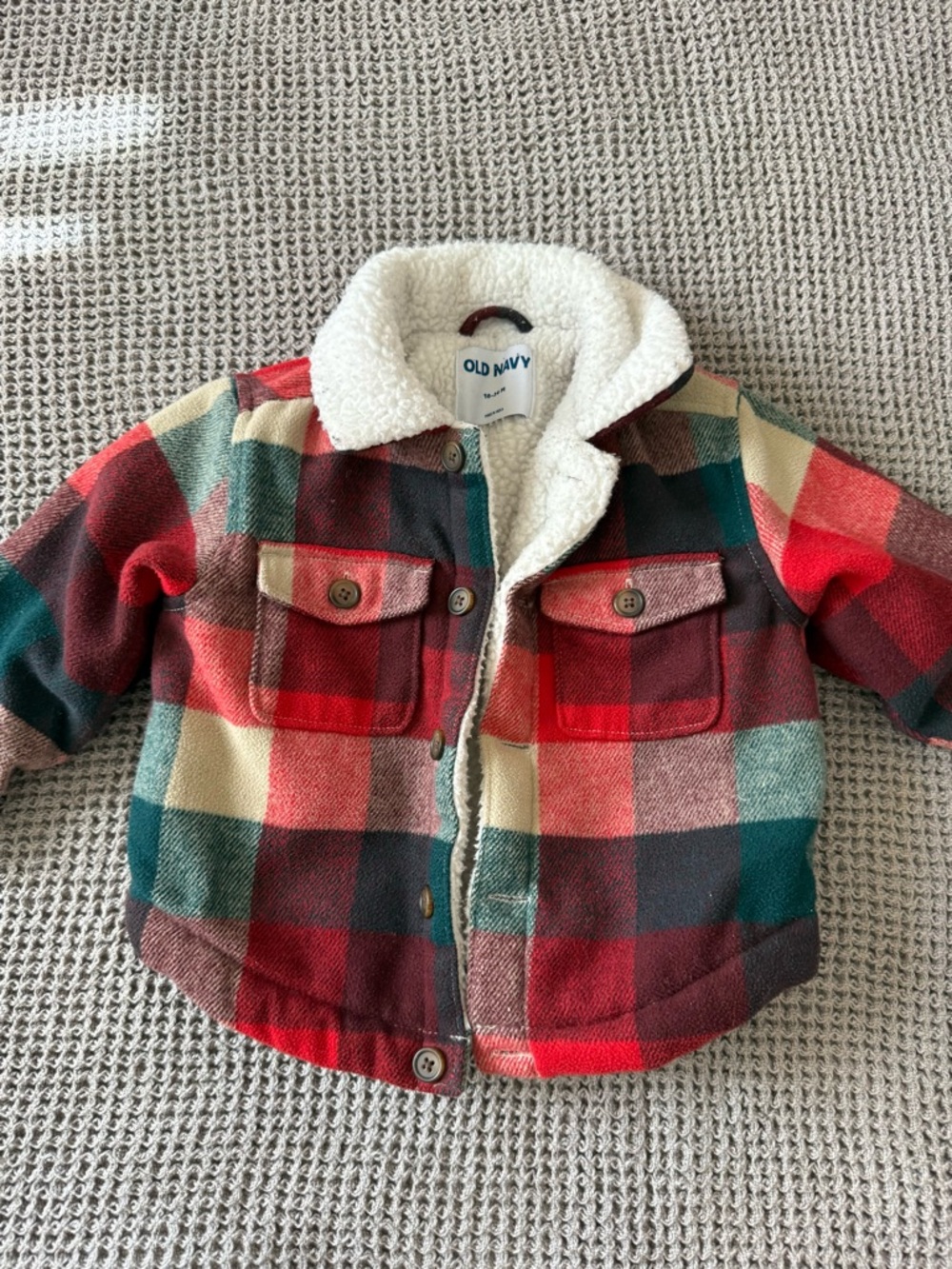 Old Navy Plaid Sherpa Jacket in Red, Green & Cream